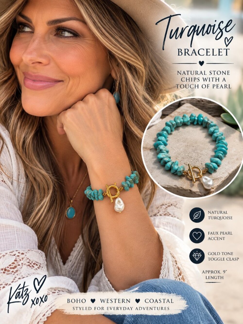 Natural Turquoise Chip Bracelet Faux Pearl Gold Toggle Western Boho Chic Jewelry